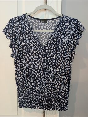 Muse Navy and White Leopard Print V-Neck Smocked Waist Blouse